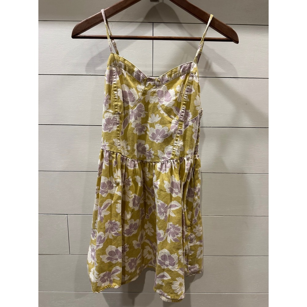 American Eagle Floral Mini Dress Mustard Yellow Lavender Smocked Back Size M